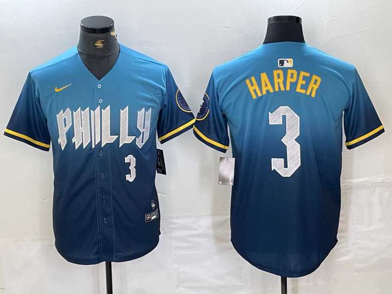 Mens Philadelphia Phillies #3 Bryce Harper Number Blue 2024 City Connect Limited Stitched Jersey